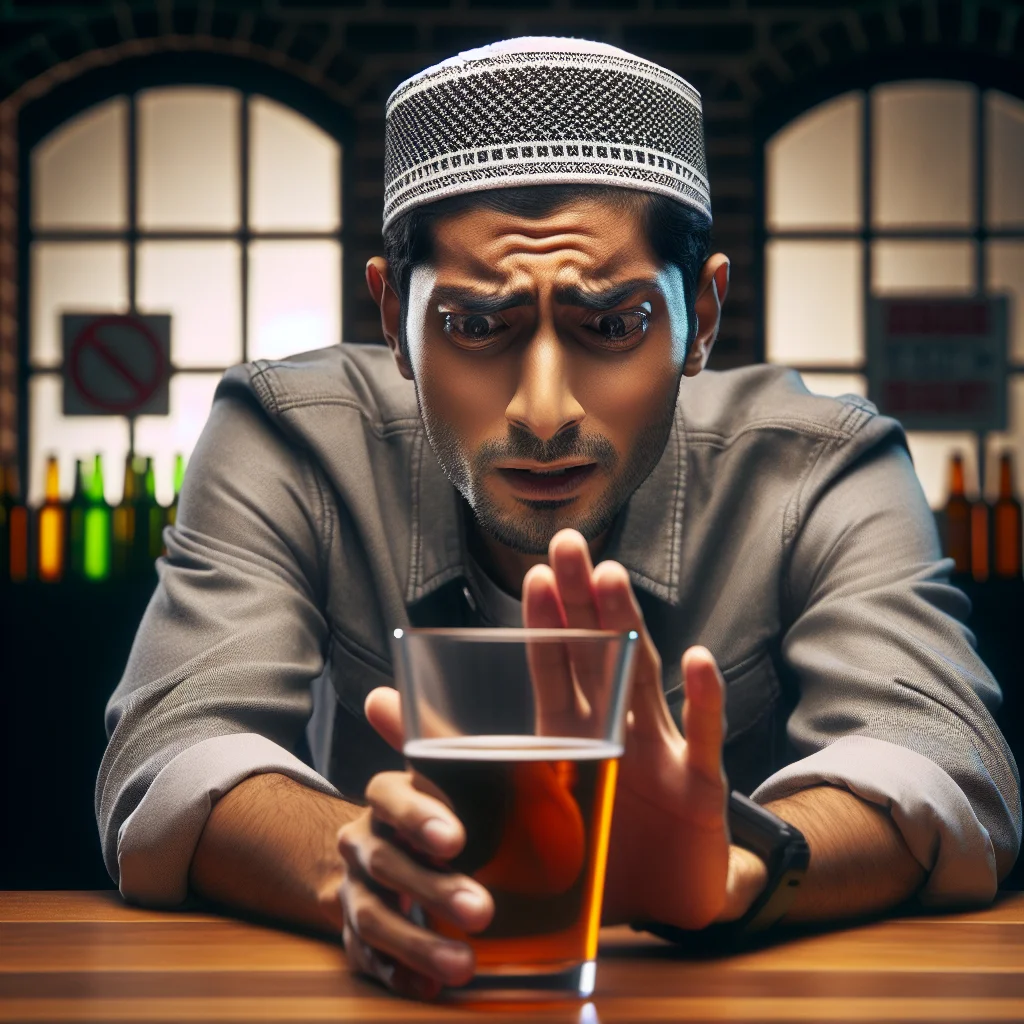 Person considering why should you not drink alcohol, with warning signs showing health risks and negative effects
