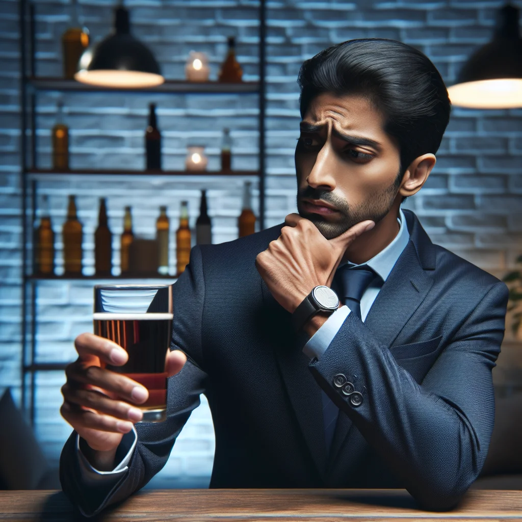Person considering reasons why should you not drink alcohol, with warning signs about health risks and negative effects