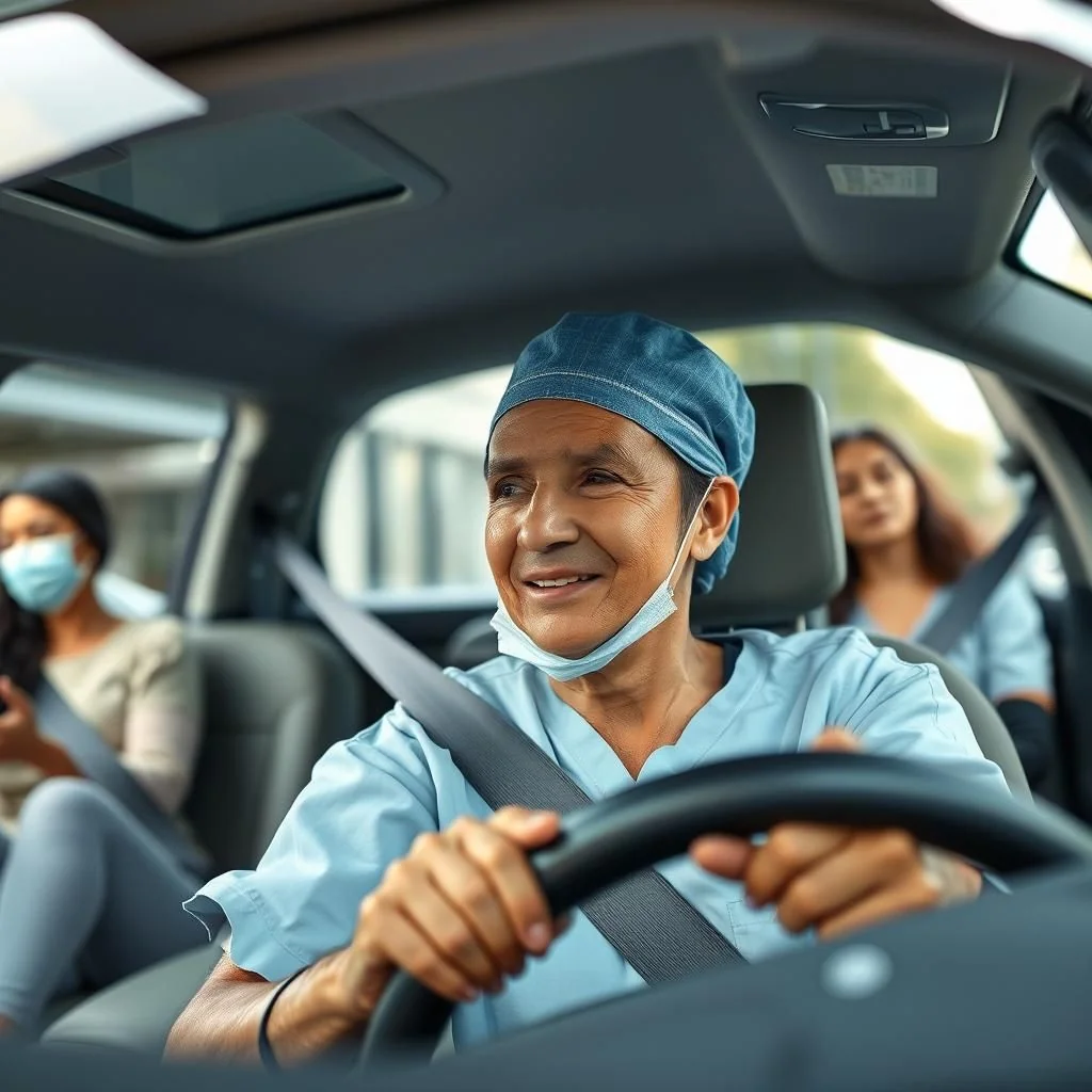 A person driving after rotator cuff surgery, feeling safe and free.